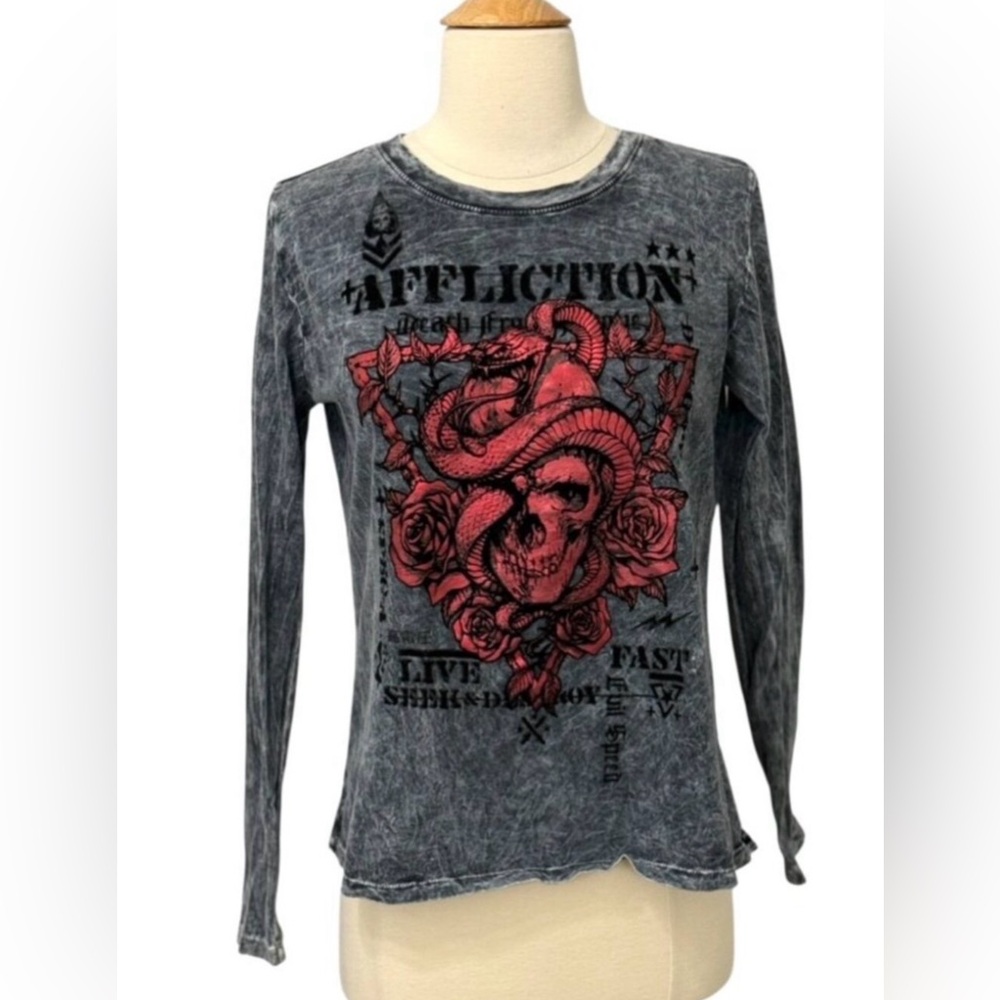 Affliction Women's Serpent Command T-Shirt Gray Velvet Graphic Braid Back Size M